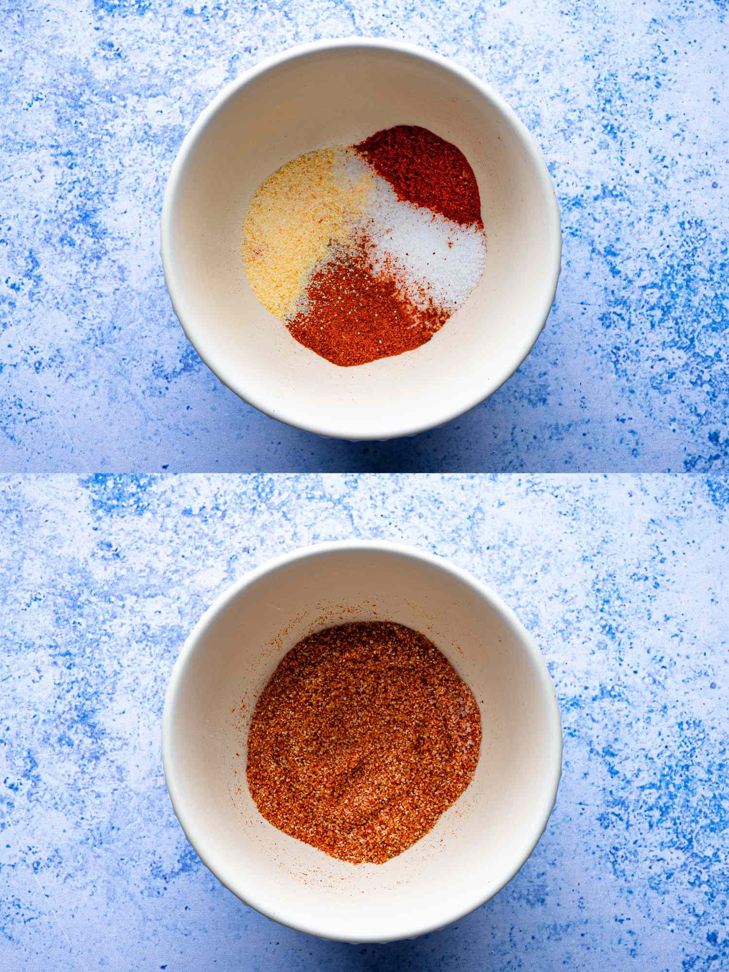 Two white bowls the upper with separate spices and the lower with blended spices
