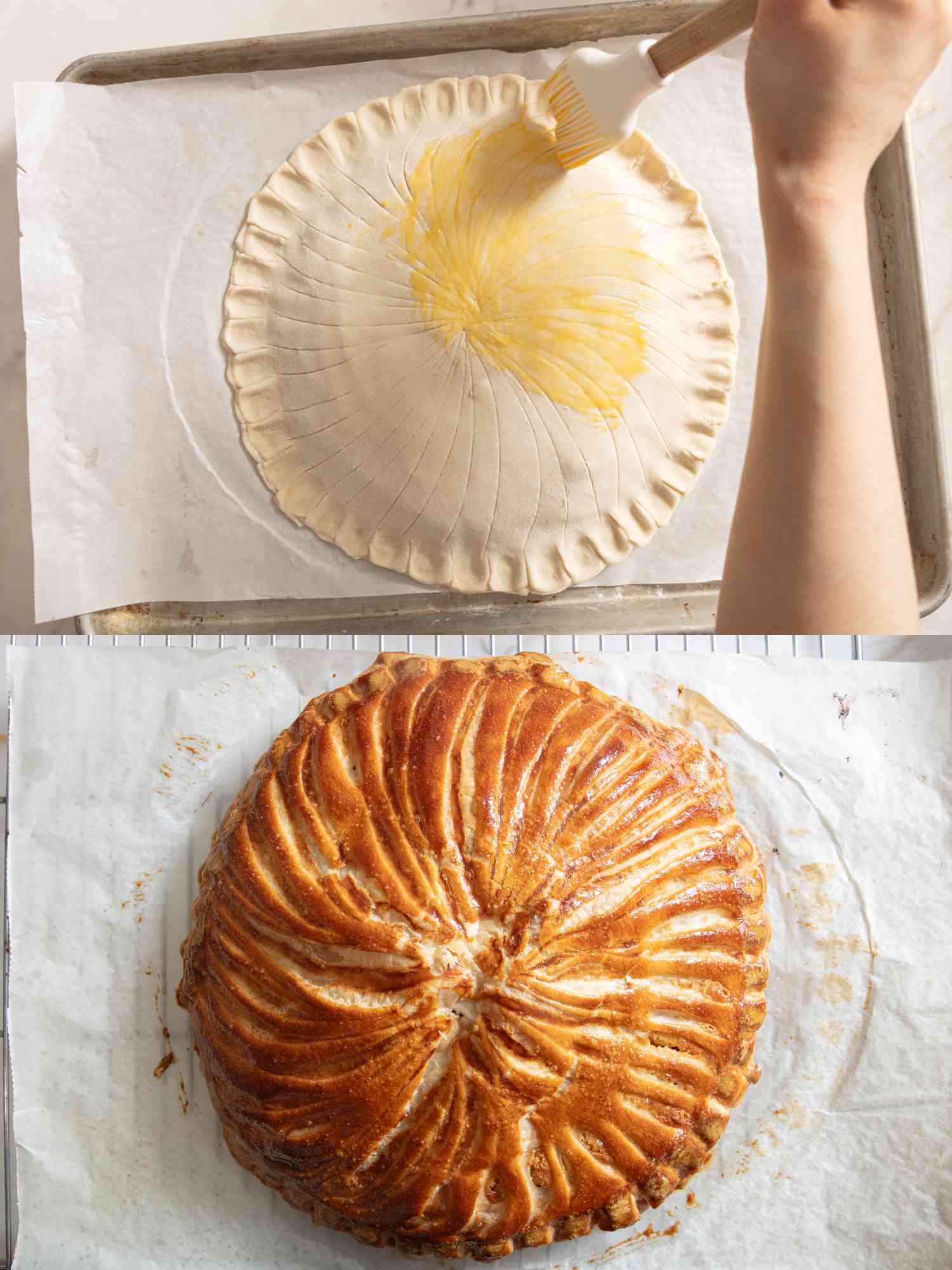 2 image collage. Top: brushing top of cake with egg yolk. Top: Baked Galette on parchment paper on cooling rack