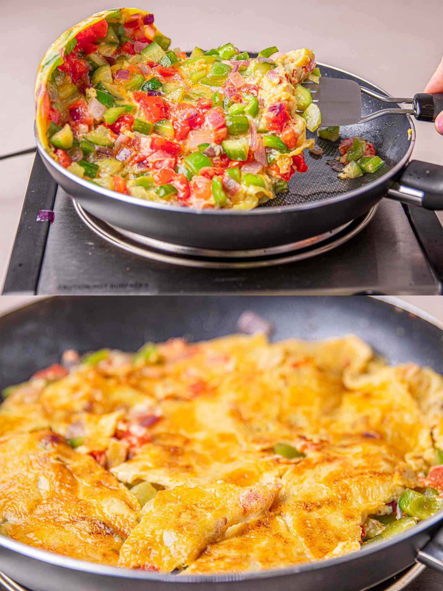 Cooking process of a Nigerian omelet in a skillet