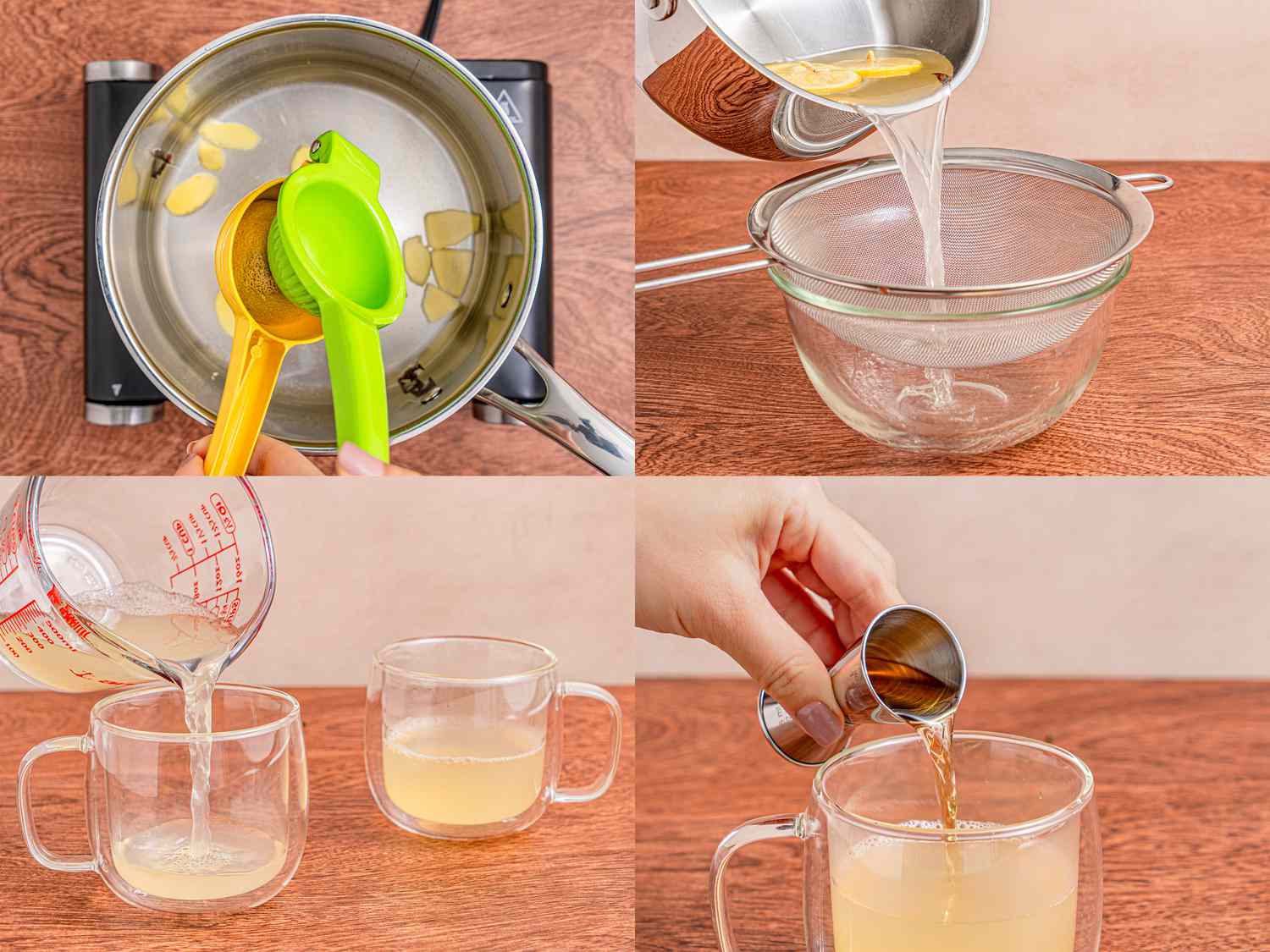 A grid of four photos showing how to make a ginger hot toddy. The first photo shows lemon juice being squeezed into a pot with gingerroot slices and whole cloves in water. The second photo shows the ginger-clove liquid being poured through a metal strainer. The third photo shows the ginger-infused mixture being poured into a glass mug. The last photo shows a hand adding rum to the glass mug. 