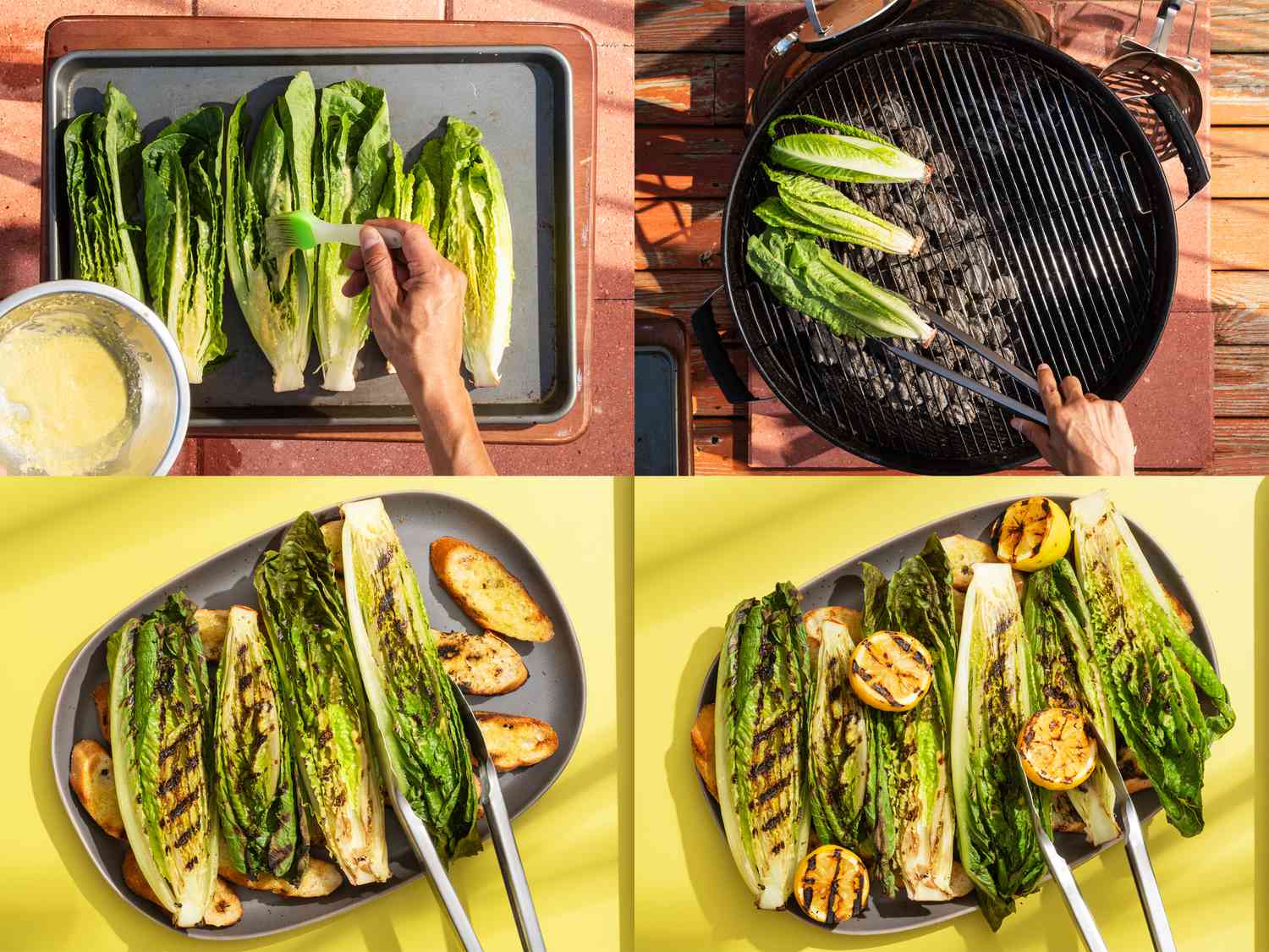 Brushing romaine lettuce and grilling it, then assembling salad on a platter.