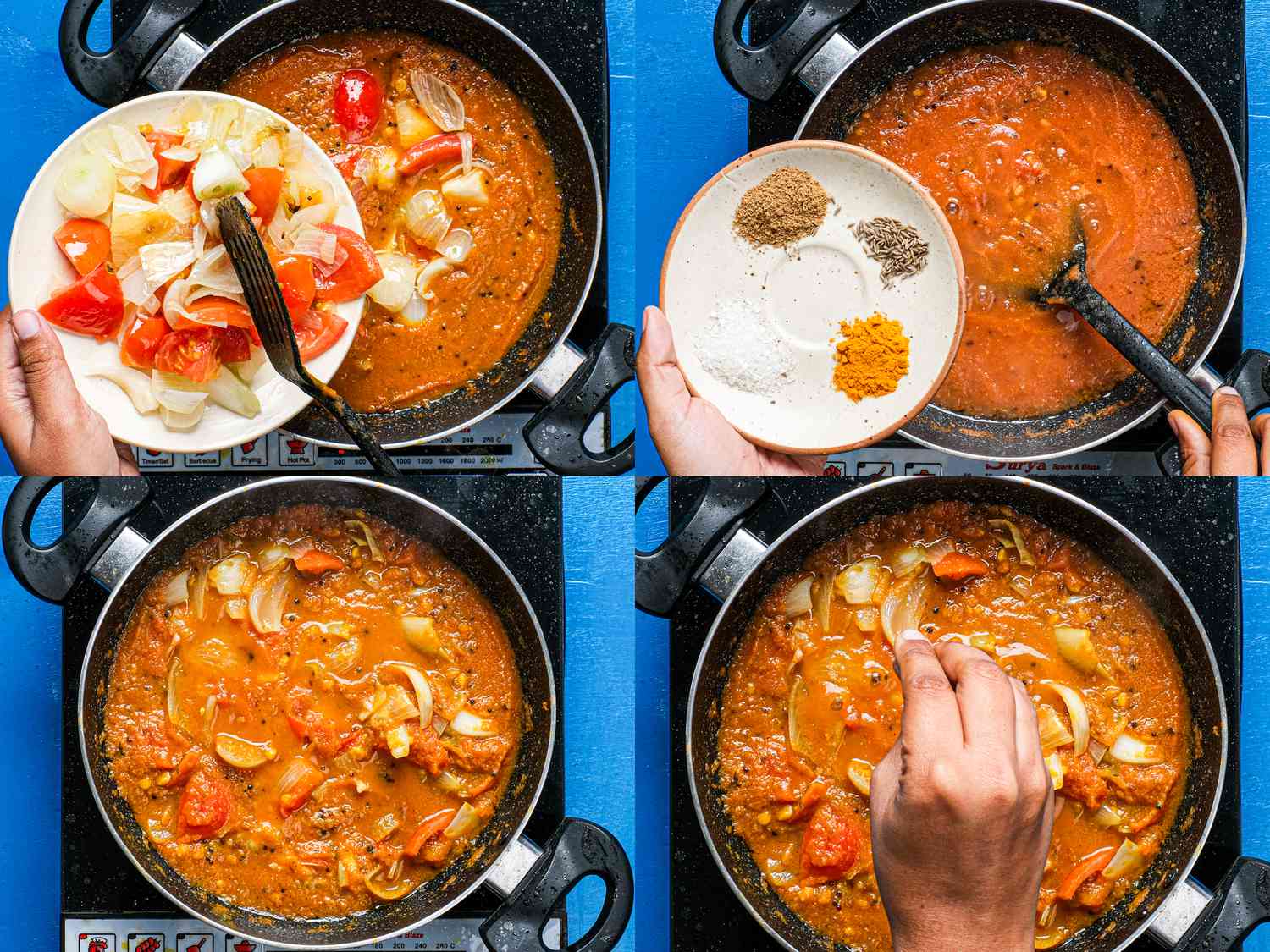 Four image collage of adding tomato and onions and spices into pot