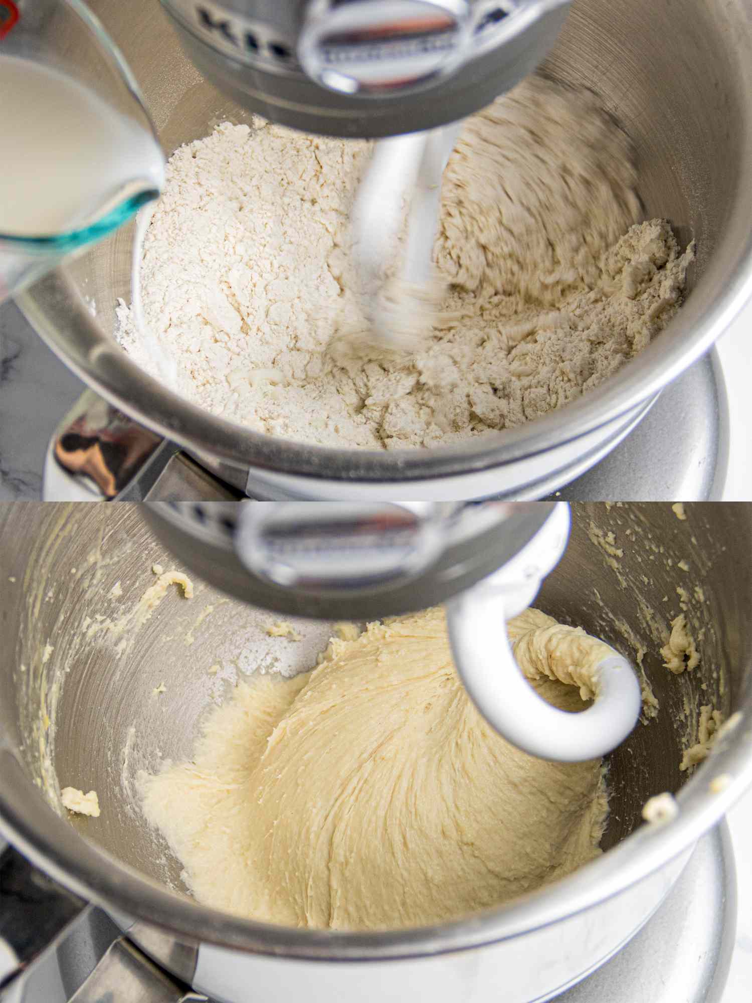 Two photos of a stand mixer one with dough ingredients and one with a kneaded dough