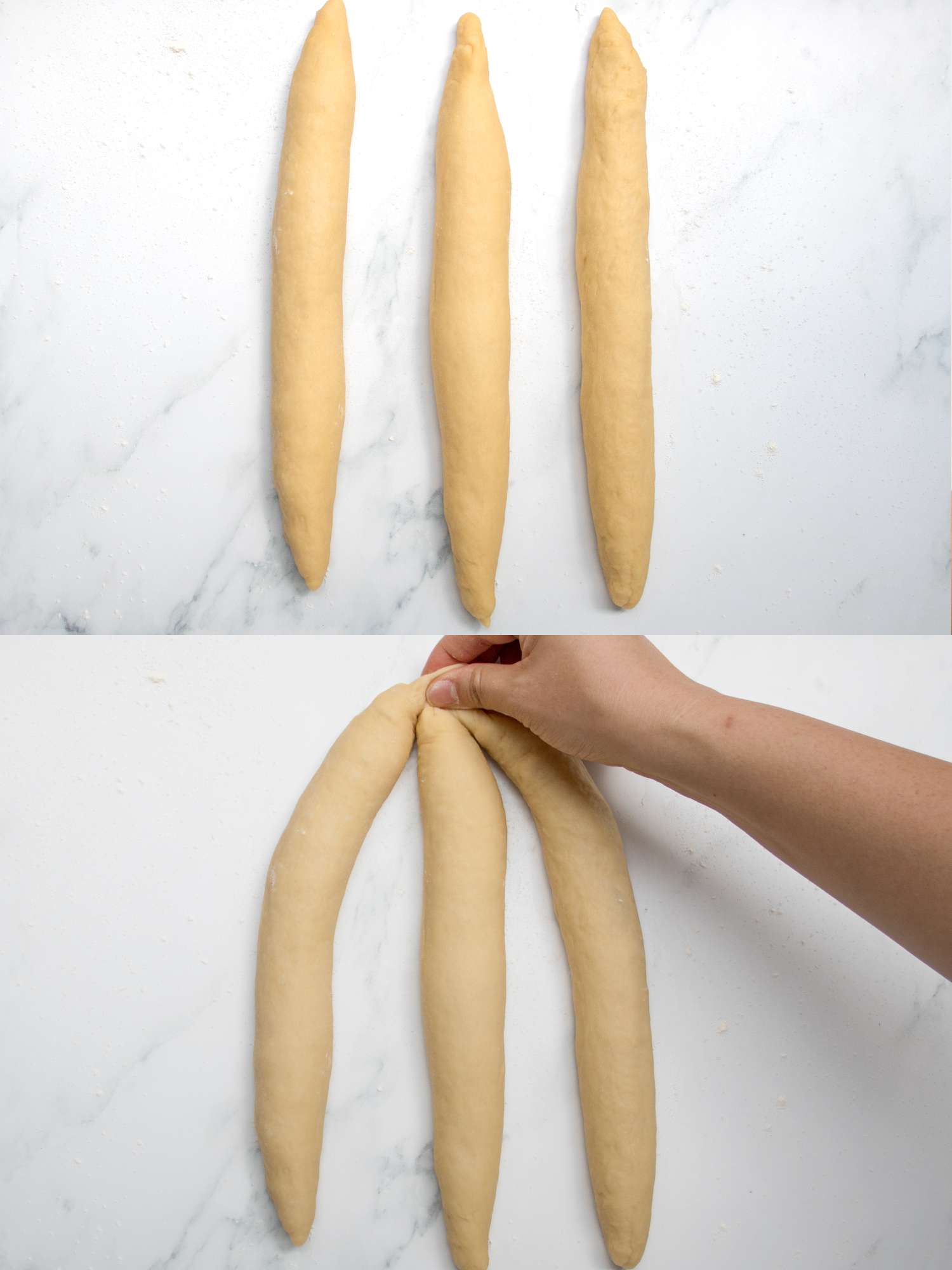 2 Images collage. Top: 3 long strands of dough side by side. Bottom: Pinching together top ends of stands