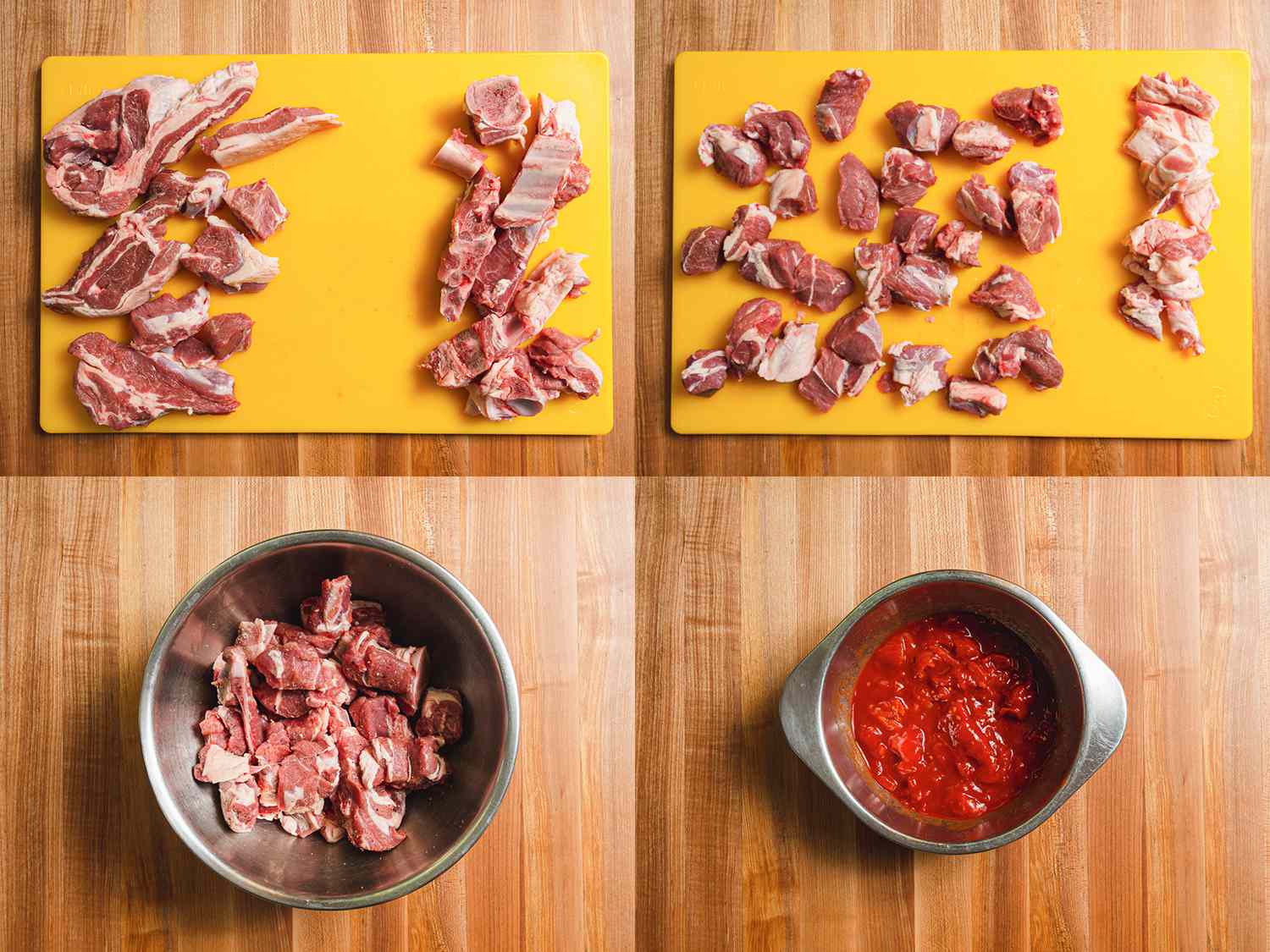 4 image collage. Clockwise from upper left: strips of meat on a cutting board; fat separated from meat on a cutting board; meat seasoned in a metal bowl; crushed tomatoes in a metal bowl. 
