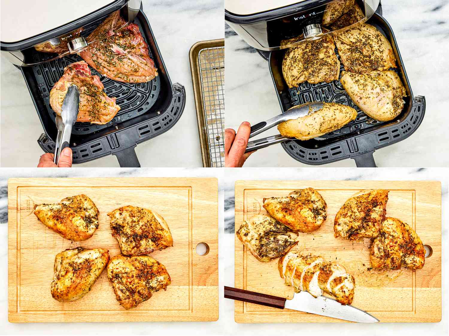 A collage of four photos: Cooking chicken breasts in an air fryer, removing them onto a cutting board, then slicing them thinly.