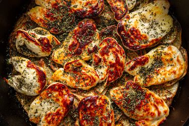 Cooked potato and halloumi gratin with herbs viewed from above