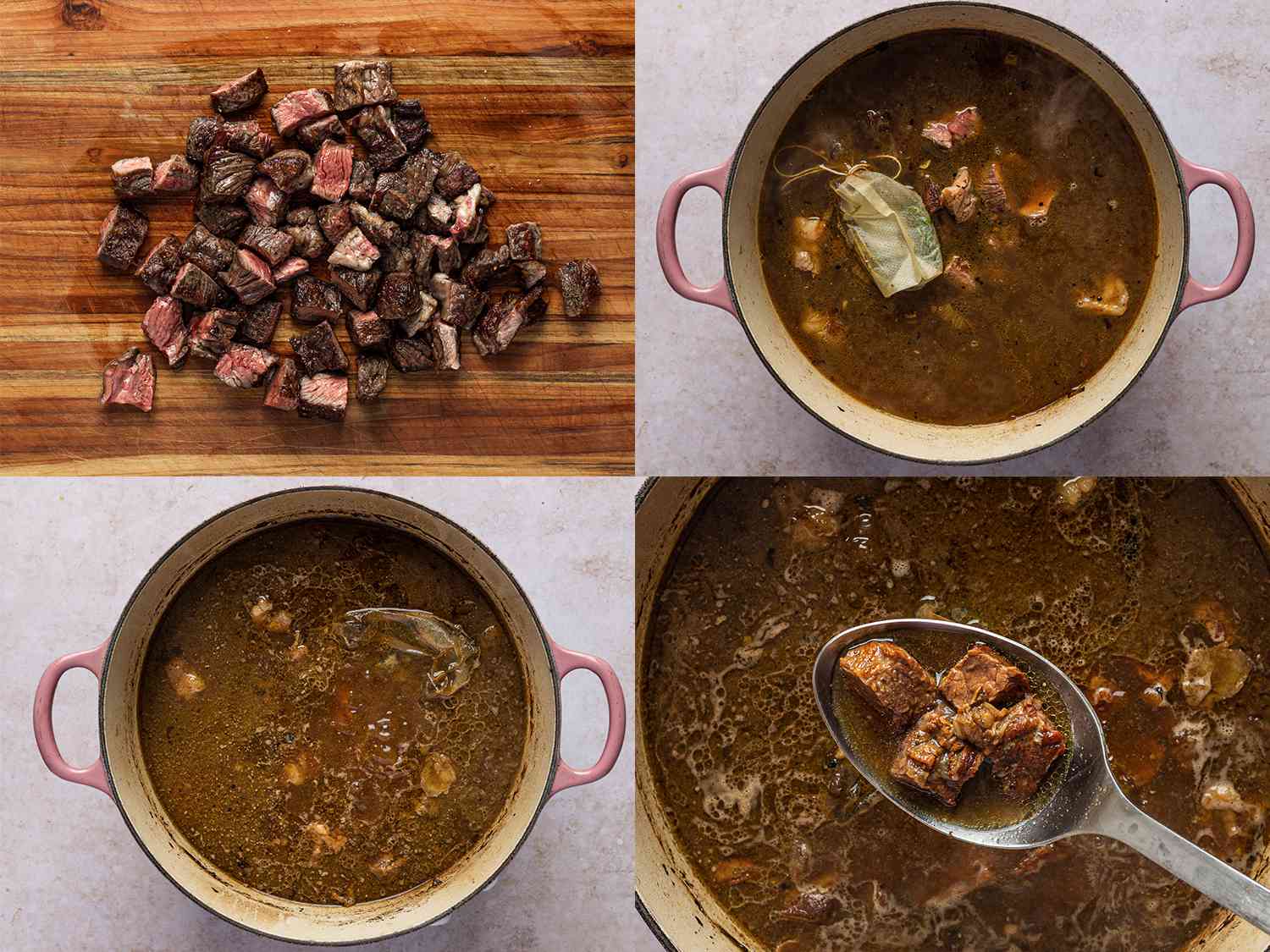 A four-image collage. The top left image shows beef cut into chunks on a wooden cutting board. The top right image shows all of the ingredients combined inside of the Dutch oven. Chunks of beef are visible, as is a sachet of herbs. The bottom left image shows the stew at a low simmer. The bottom right image shows a metal spoon lifting up some chunks of beef from the Dutch oven.