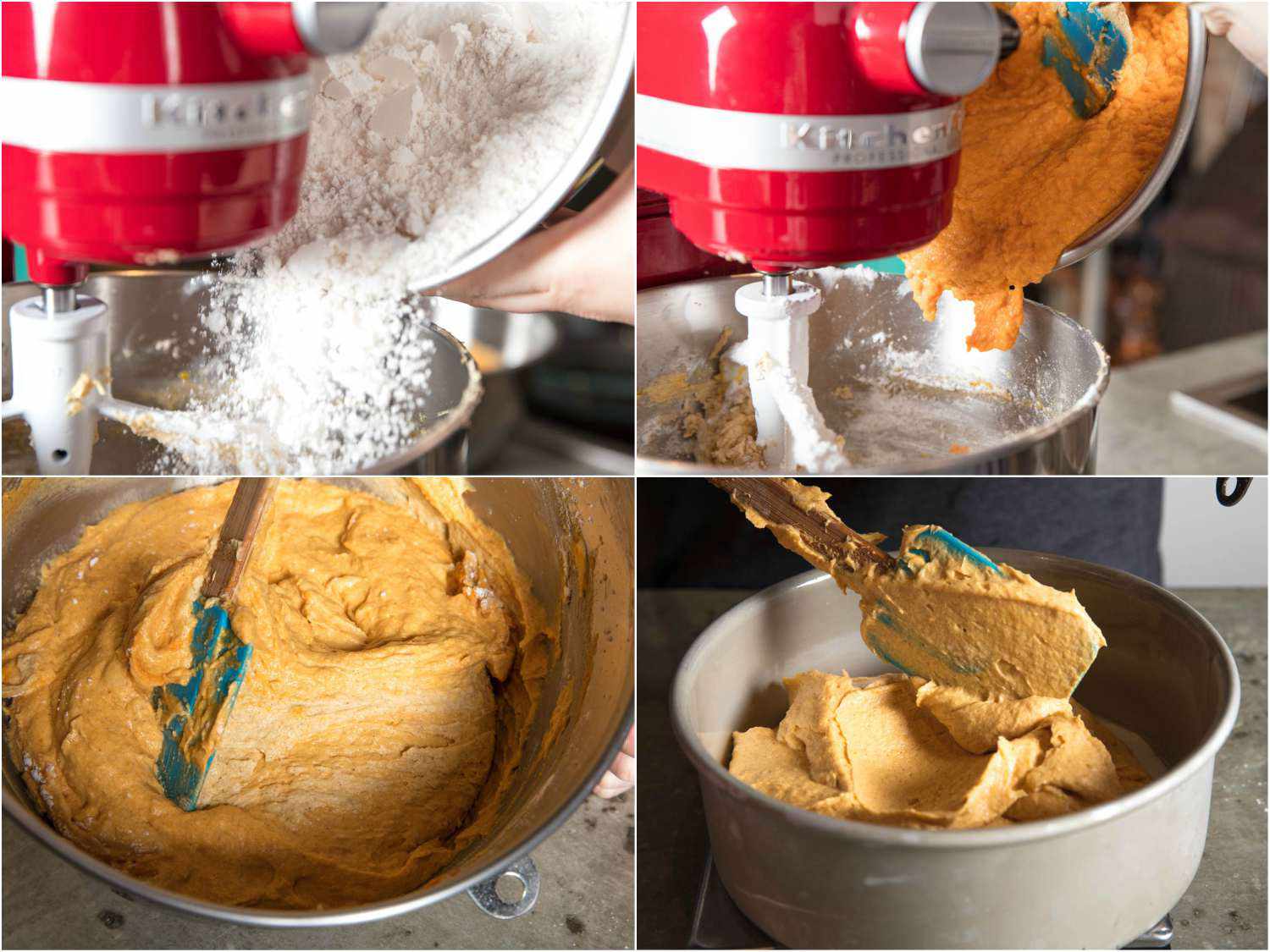Collage of making batter for pumpkin cake: adding flour to stand mixer bowl, adding pumpkin purée, folding batter by hand with a spatula, transferring batter to cake pan