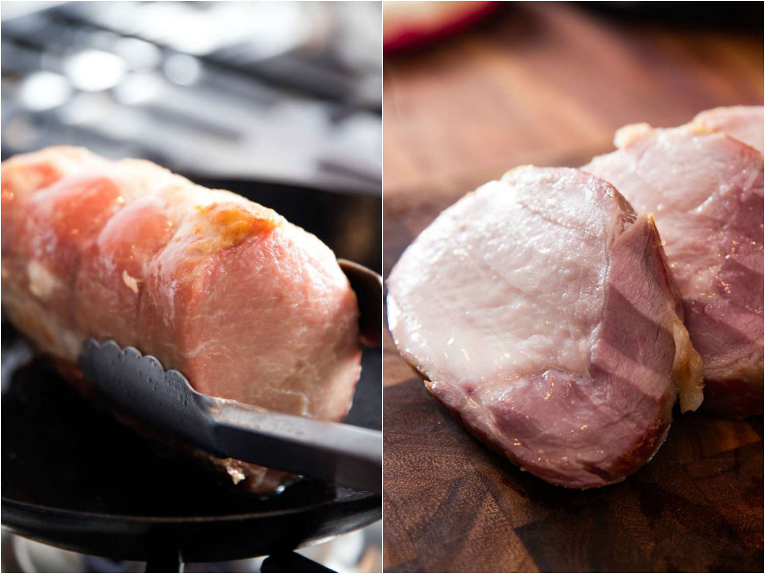 A 2-image collage of porn loin being turned in the skillet to brown evenly on all sides and the loin being sliced into medallions.