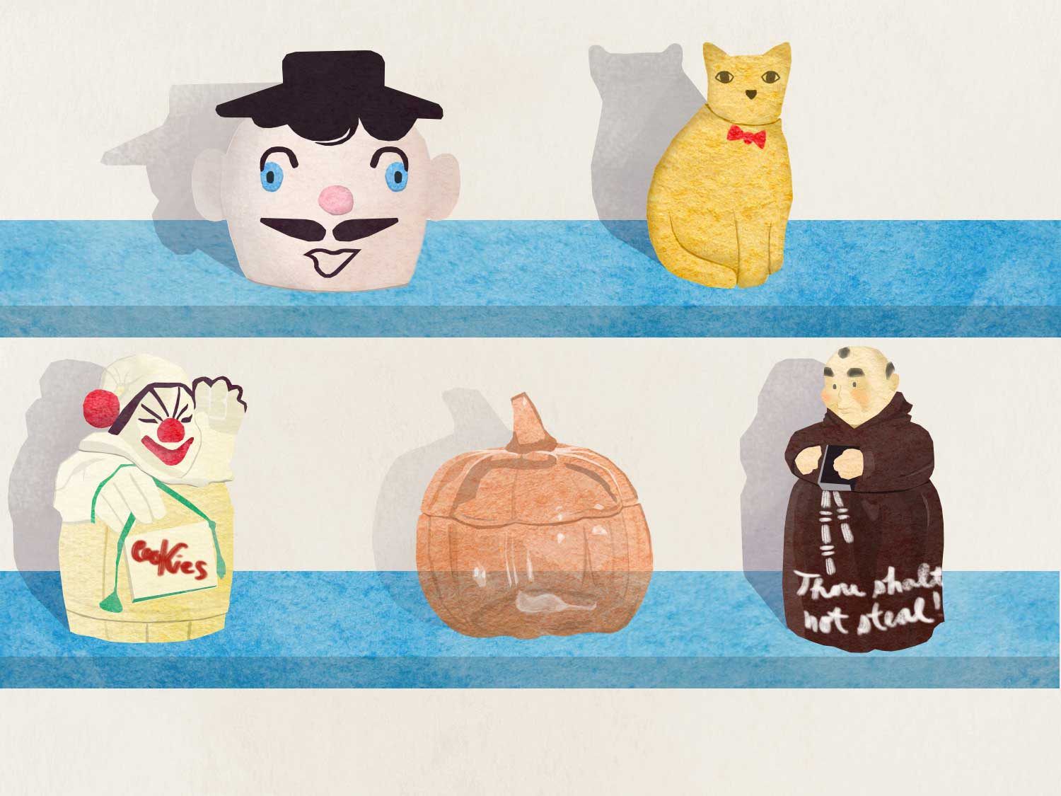Two blue shelves holding cookie jars, including ones shaped like a man's head with a mustache and hat, a cat wearing a bow tie, a clown, an orange pumpkin with a stem, and a friar with 