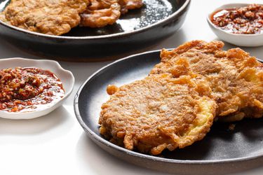 Korean jeon pancakes made with sweet potato and sausage. 