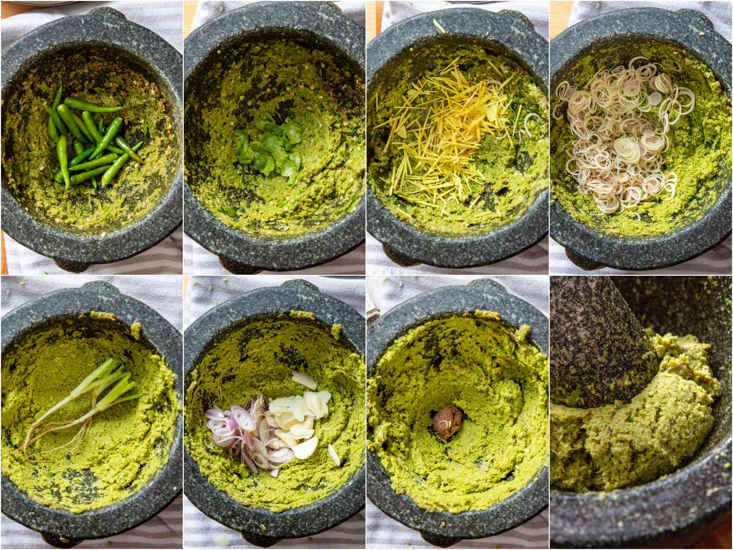 the process of green curry paste being made in a mortar and pestle, each ingredient being added one at a time and pounded thoroughly