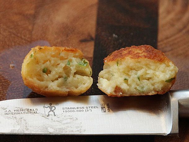 Two version of Parisian gnocchi, cut in half to reveal the texture of the interior.