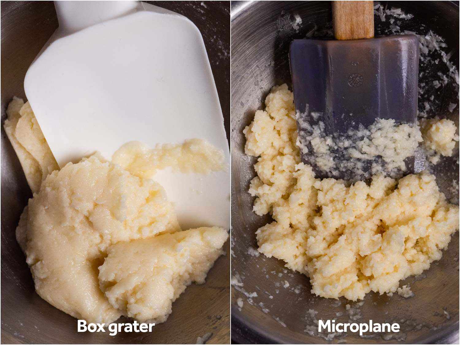 Cheese pastes made using box-grated cheese and Microplaned cheese; the box-grated sample is much smoother