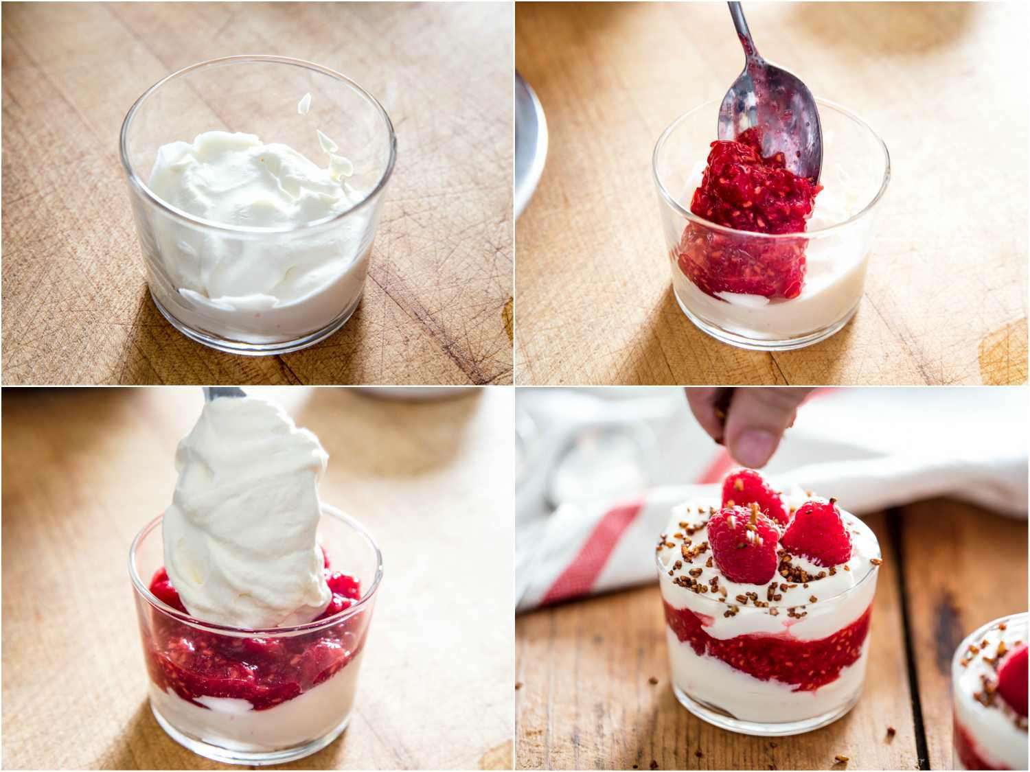 A 4-image collage: Assembling cranachan, starting with whipped cream, followed by raspberry coulis, another layer of whipped cream, and finishing with toasted oats. 
