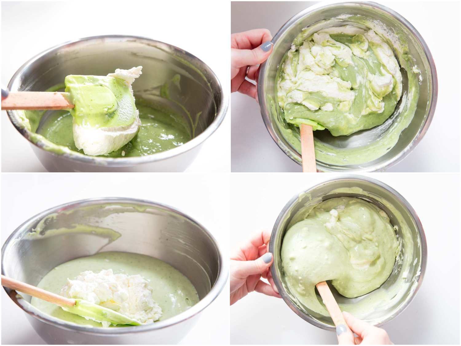 Collage of whipped cream being folded into the mousse base.