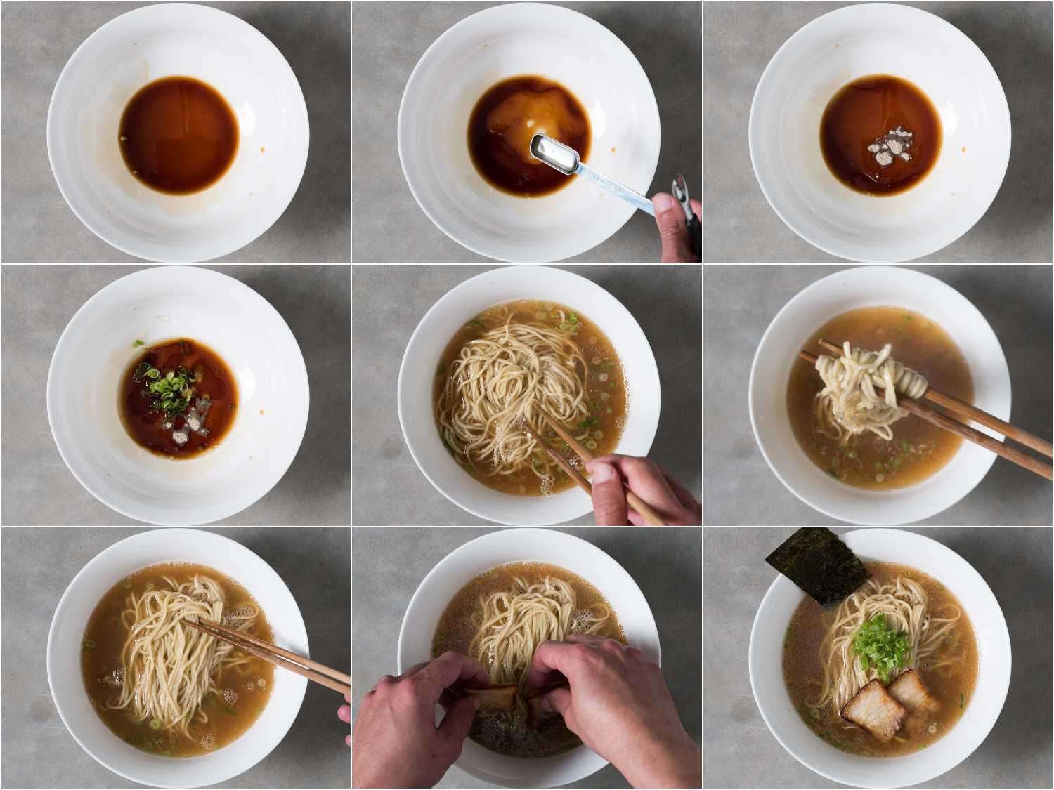 Collage of photos of assembling a bowl of shoyu ramen