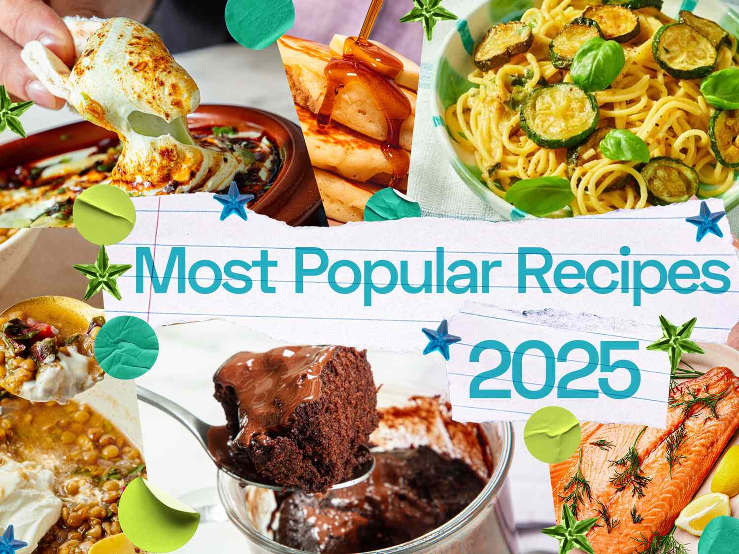 Various popular dishes illustrating recipes for 2025 including pasta brownies and appetizers with labeled title