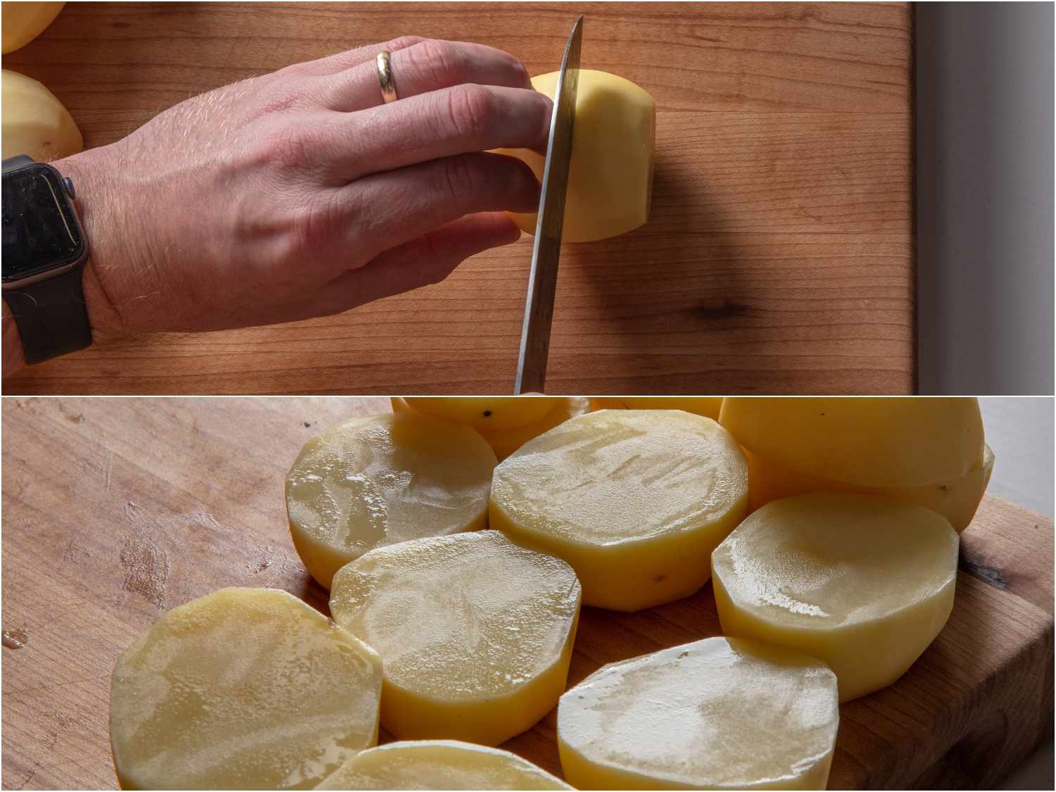 Cutting potatoes for fondant potatoes