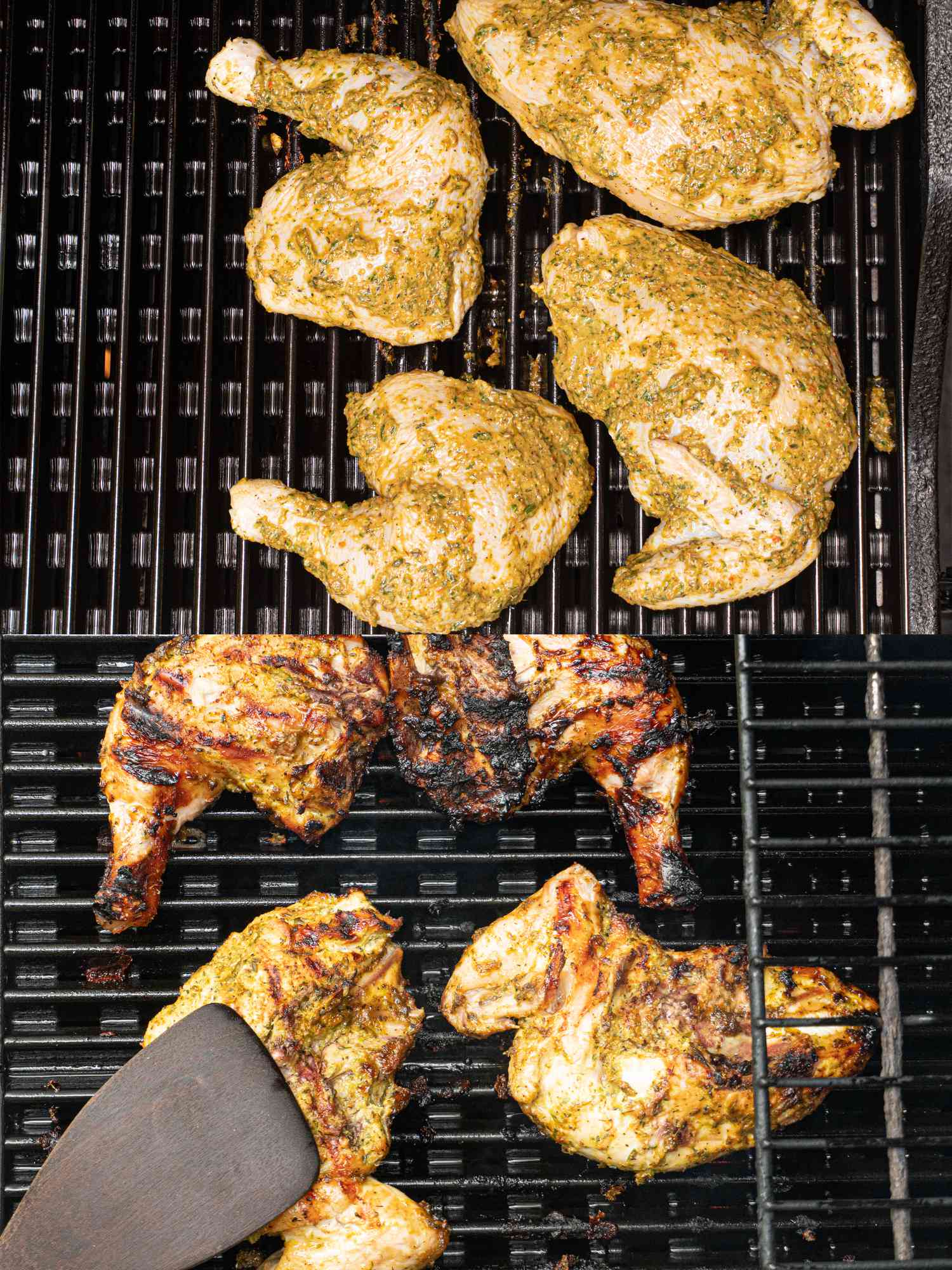 Seasoned chicken on the grill.