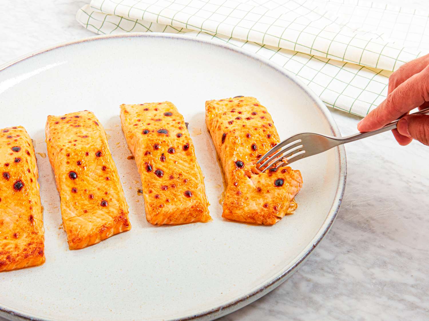 Side view of eating salmon 