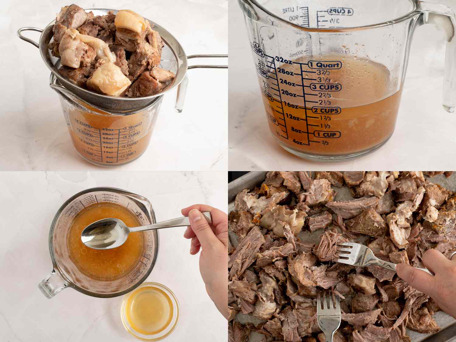 Cooked pork in a strainer, with cooking liquid and fat separated. Two forks shredding pork.