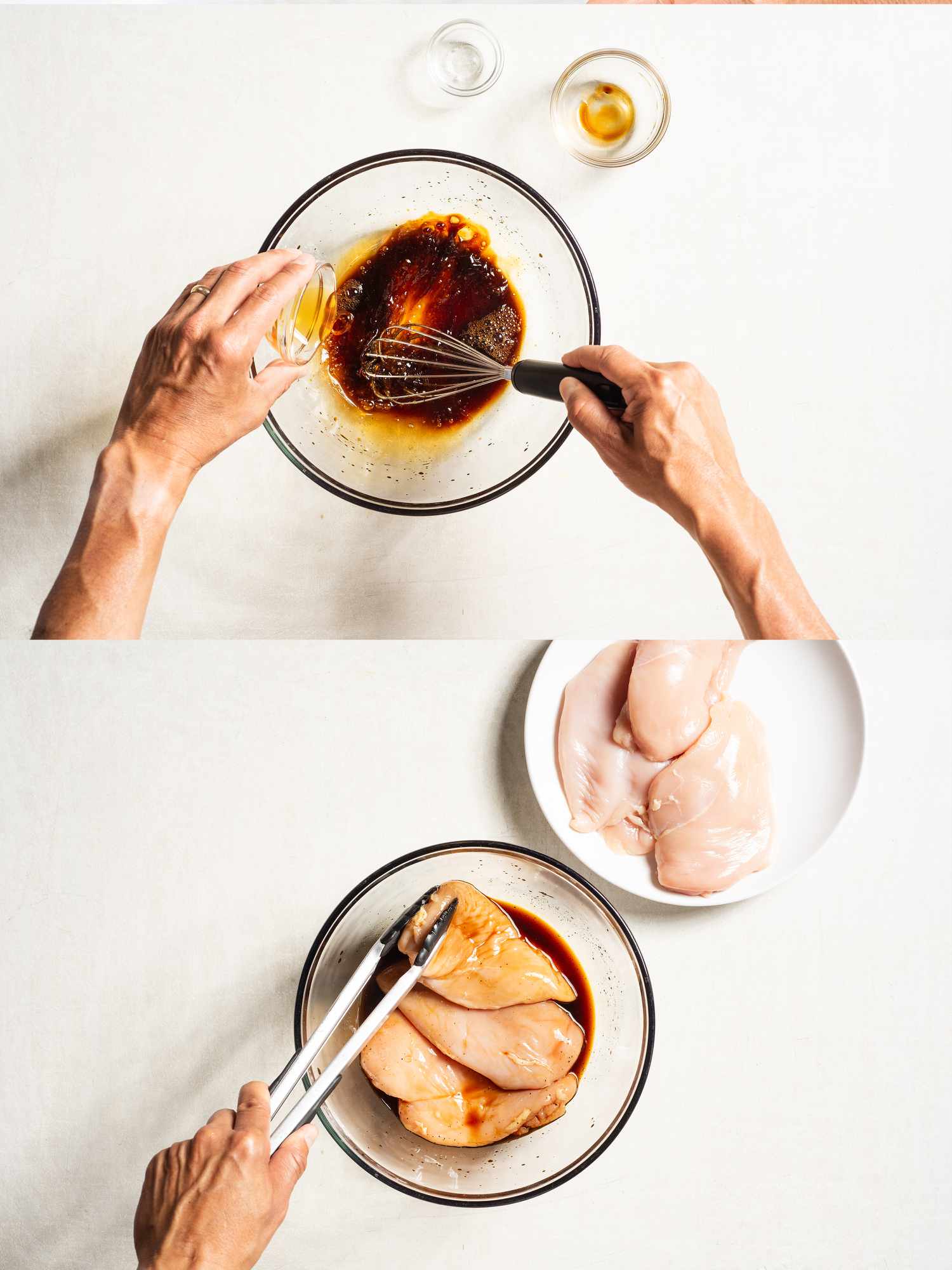 Whisking together a marinade for chicken and marinading chicken.