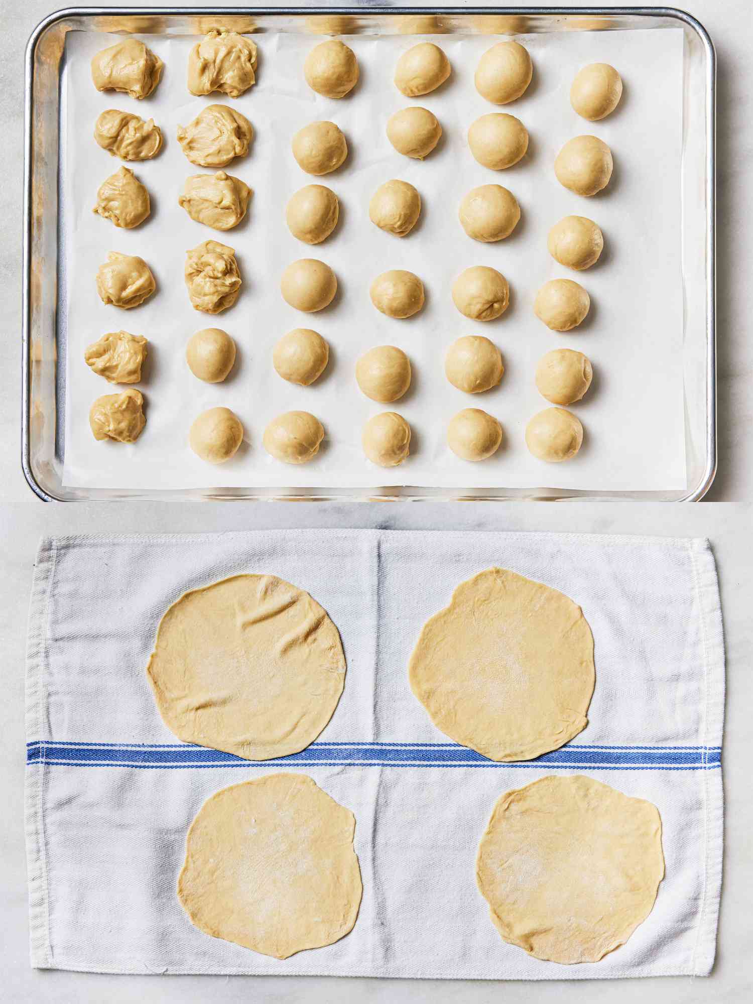 Two image collage of dough rolled into balls and then flattened into discs