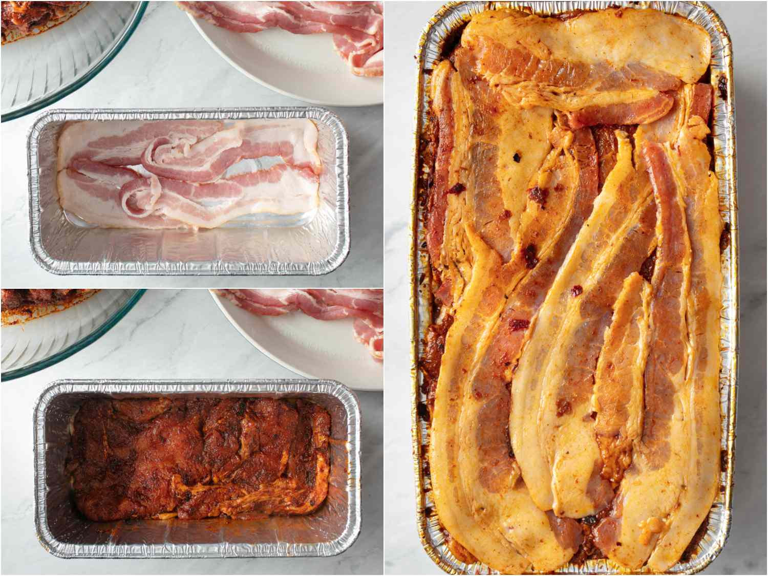 Collage of layering bacon and marinated pork in aluminum loaf pan