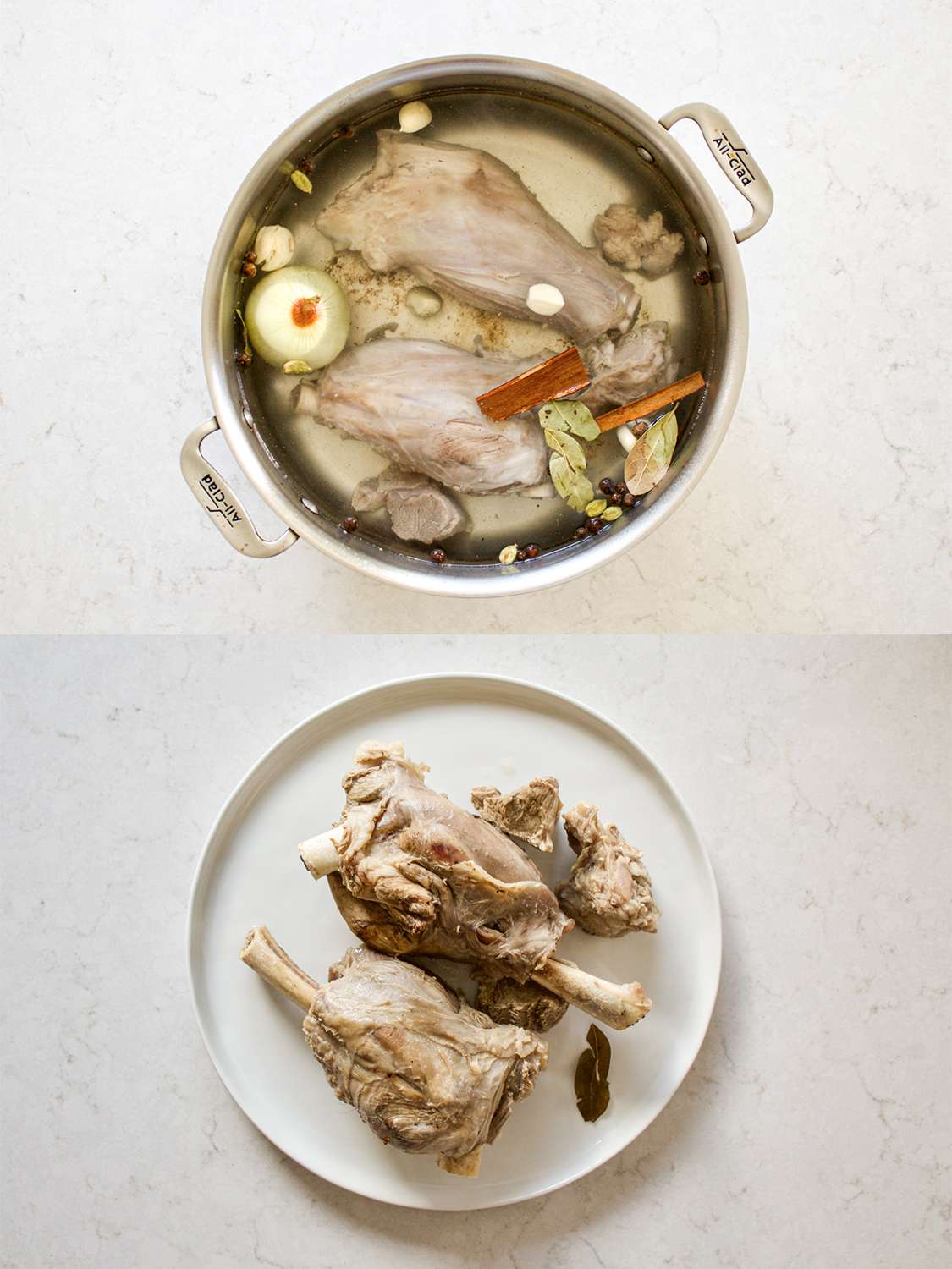Two image collage of lamb shanks added back to the pot with spices to cook and then placed on a platter when finished