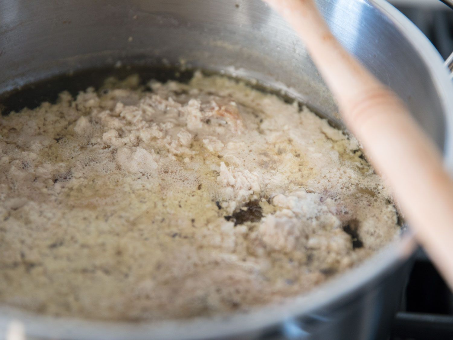Ground chicken meat and particulate matter floating on top of chicken stock.