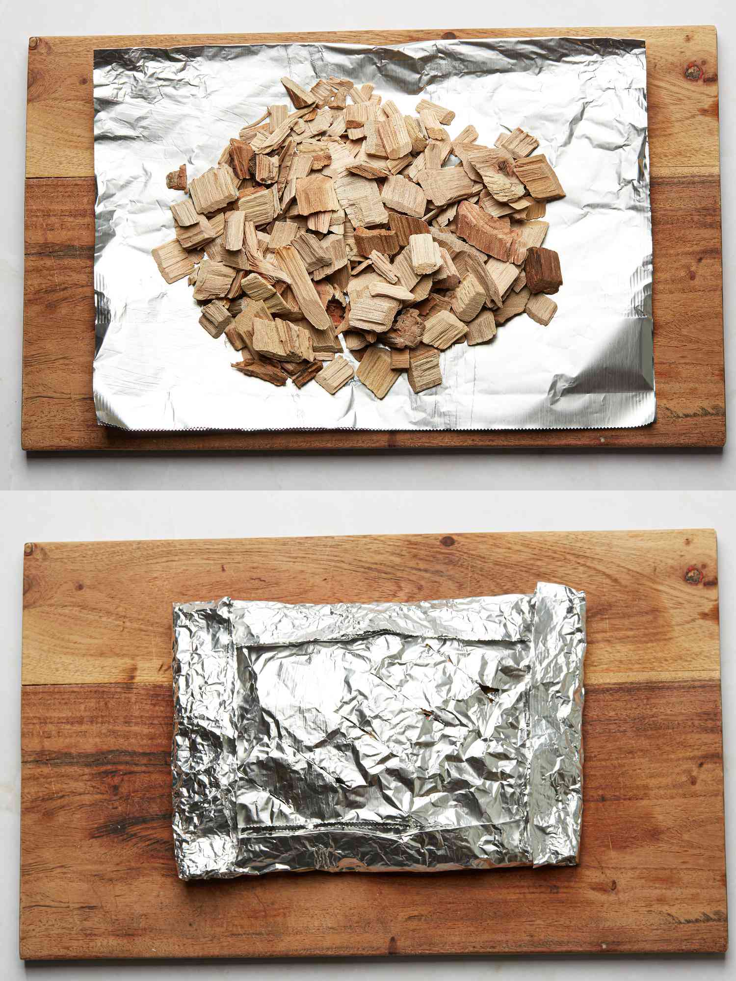 Two image collage of wood chips being wrapped in tin foil