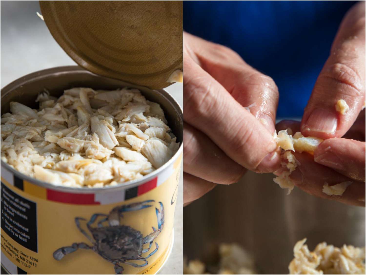 2-image collage of opening a can of pasteurized crabmeat and picking out the shell fragments by hand.