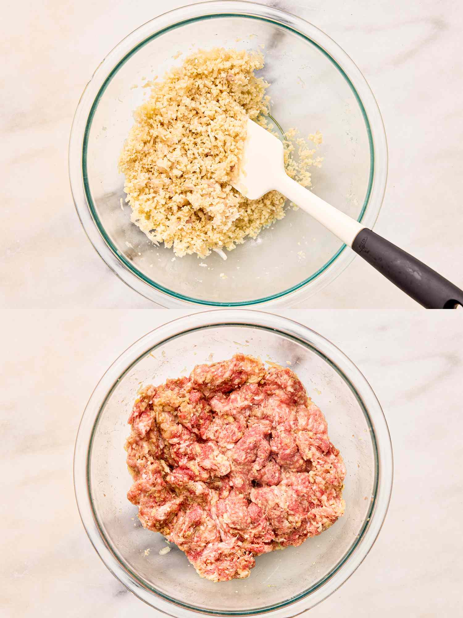 Two glass bowls one with breadcrumbs being mixed and one with ground meat mixture