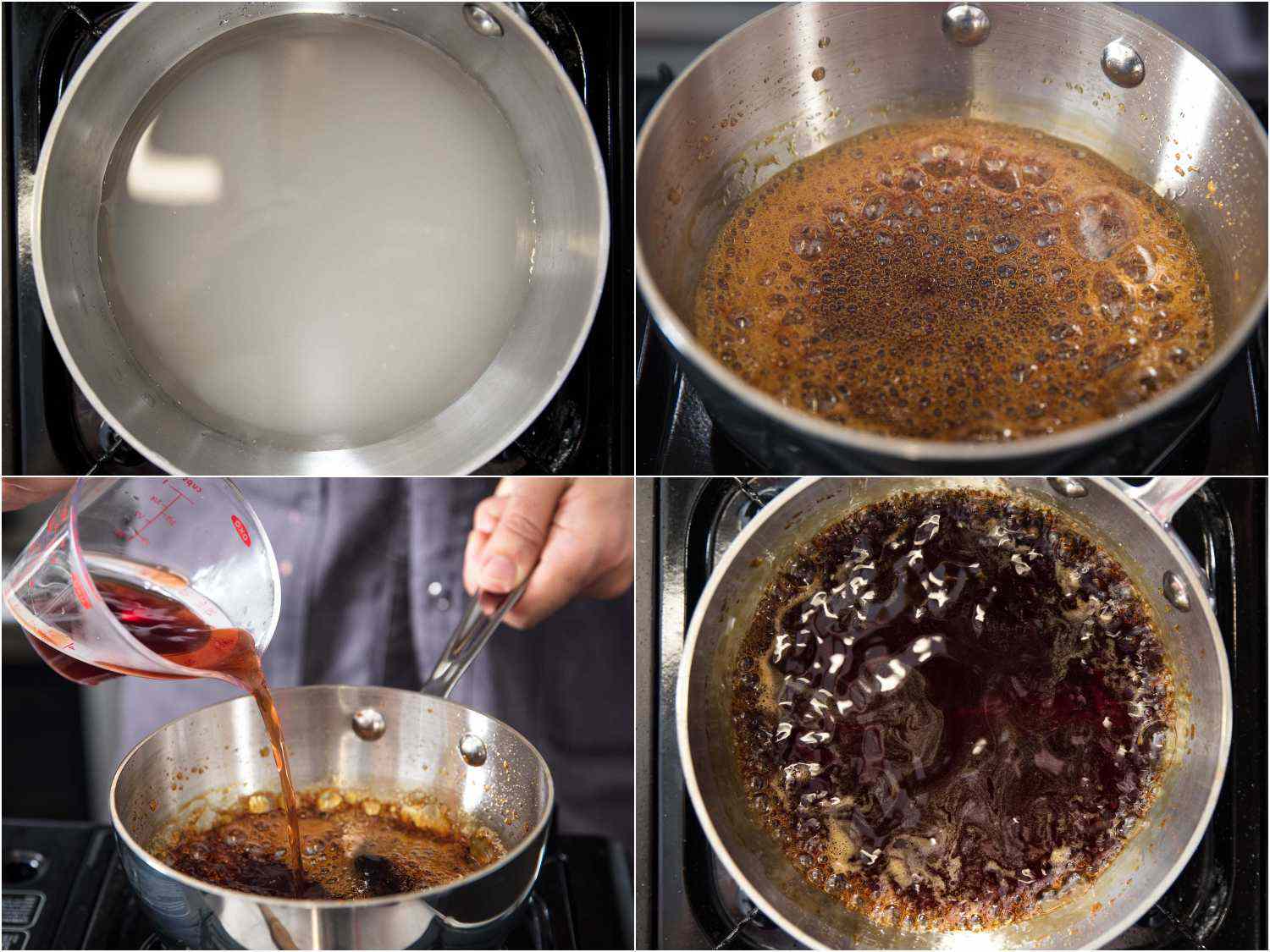 A collage showing syrup being made in a saucepot. 