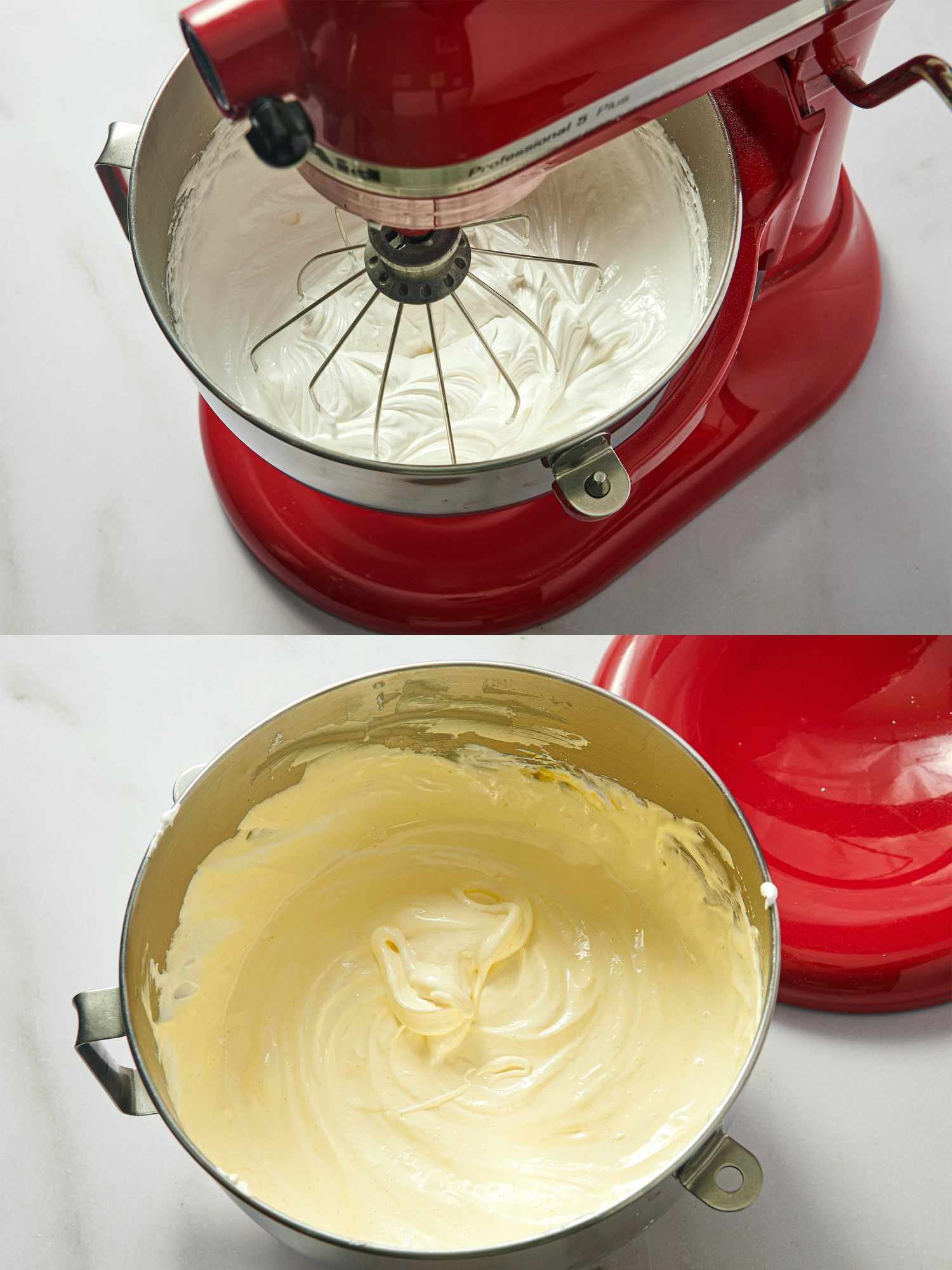 Two image collage of whisking in stand mixer bowl