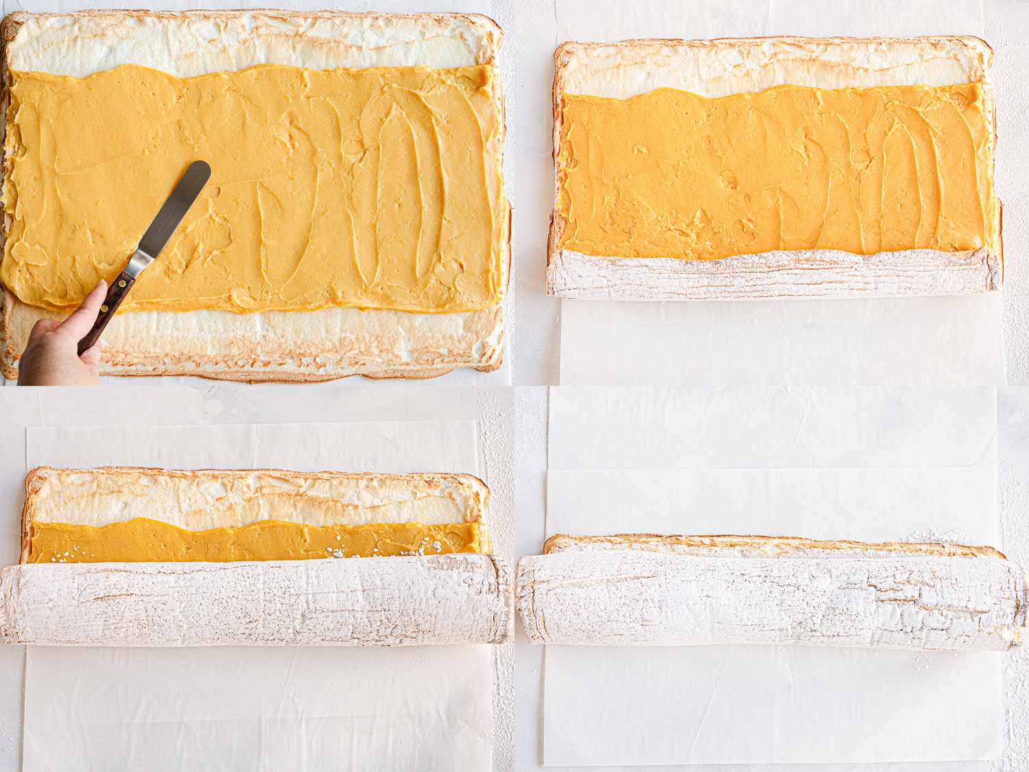 Four image collage of spreading egg custard and rolling 