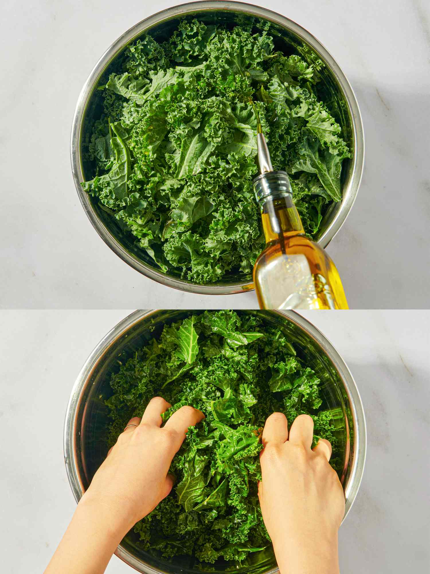 Kale getting massaged in bowl