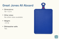 Blue cutting board named Great Jones All Aboard with details about size weight and dishwasher safety on the side