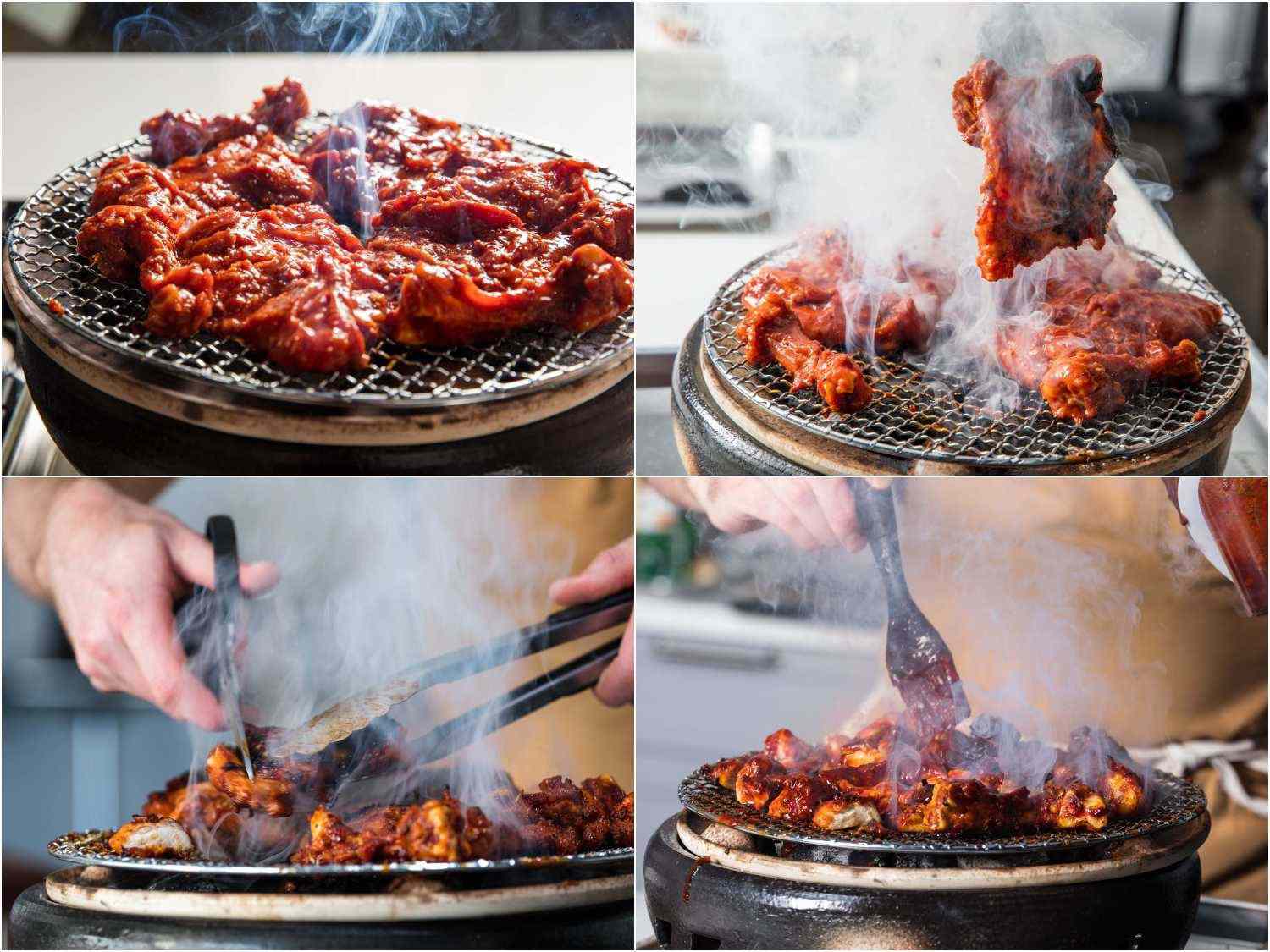 4 process shots of grilling and cutting up buldak chicken on a charcoal grill.