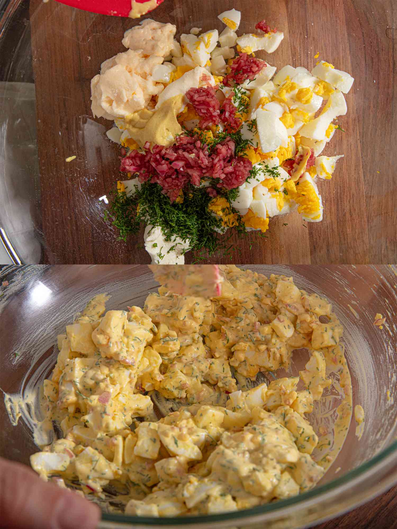 Two image collage of making egg salad