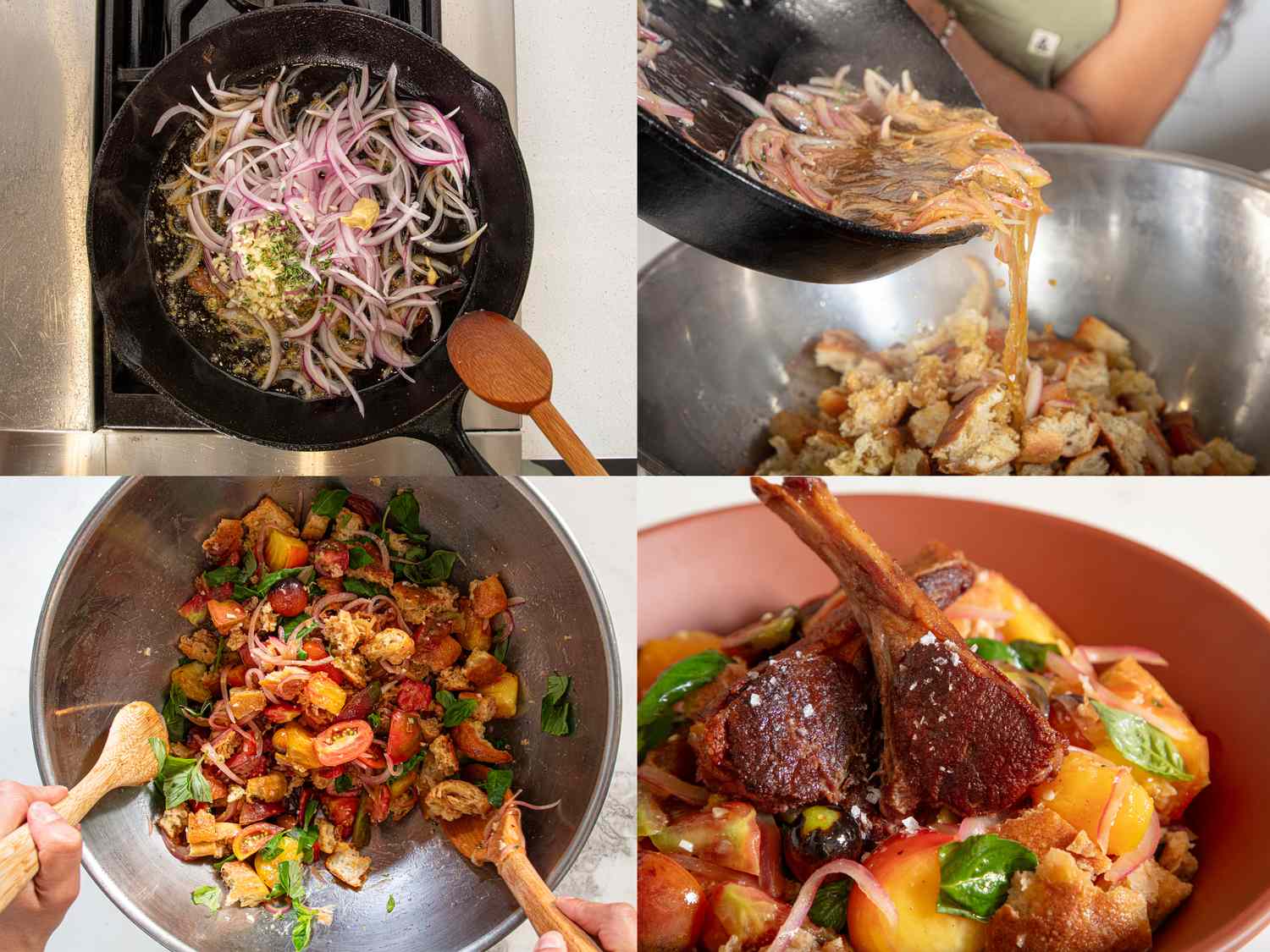 Steps to prepare a warm Panzanella salad including caramelized onions bread and serving with roasted vegetables and lamb chops