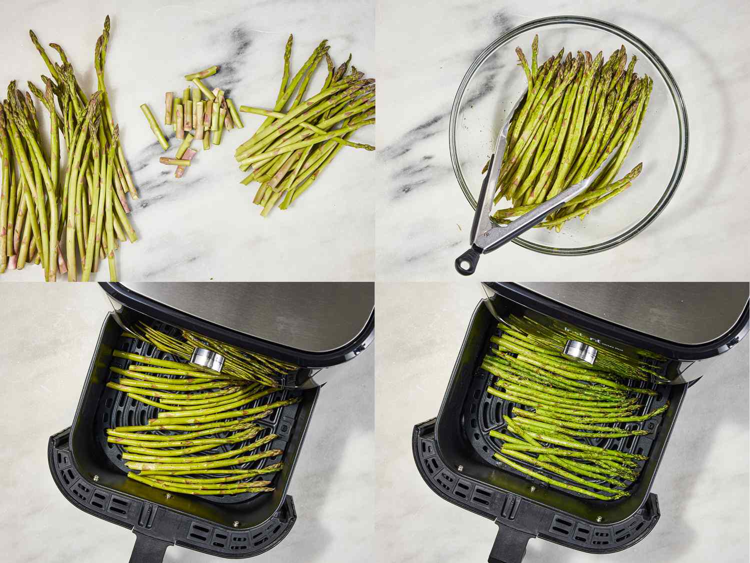 Collage of asparagus being trimmed, tossed with oil and seasonings, raw in the air-fryer basket, and cooked in the air fryer basket.