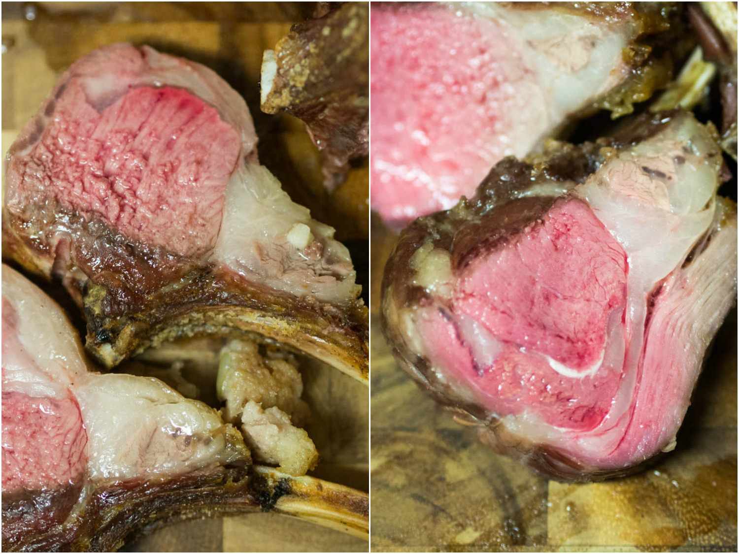 Side-by-side photos of lamb chops roasted at high heat (left) and using the reverse-sear method (right). High-heat chops cook more quickly, but are easier to overcook and cook less evenly compared with those cooked using the reverse-sear approach.