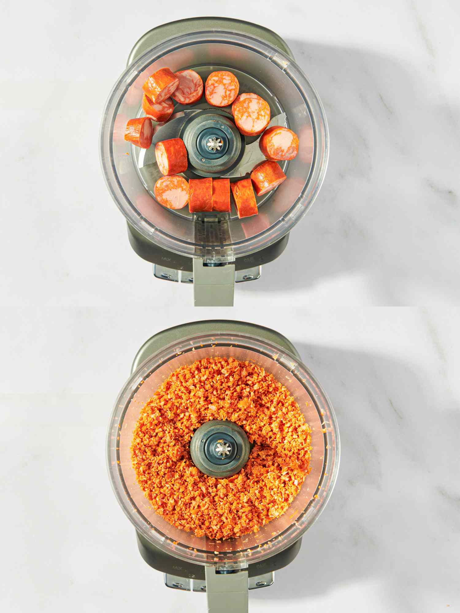 Two steps of food processing sausages into a ground mixture in a food processor