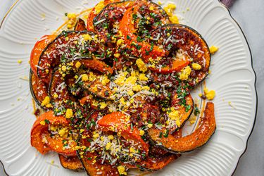 Roasted squash with cheese and eggs.