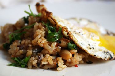 A plate of Malaysian rice with sambal. 
