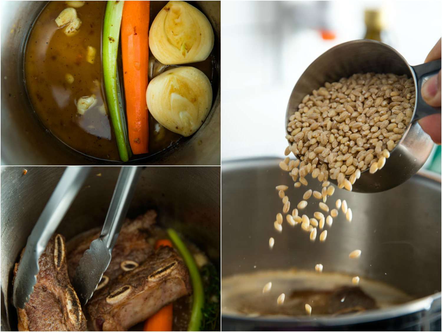 Collage of three images showing adding carrot, celery, onion, browned beef short ribs, and pearl barley to pressure cooker.