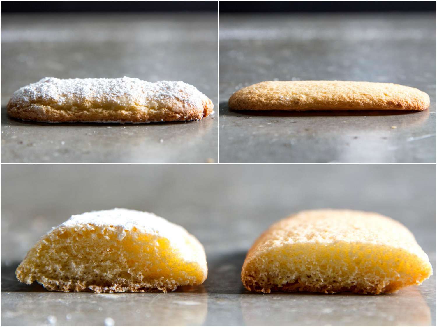 Photo collage comparing ladyfingers baked with and without powdered sugar on top, showing the powdered sugar cookies with taller rise.